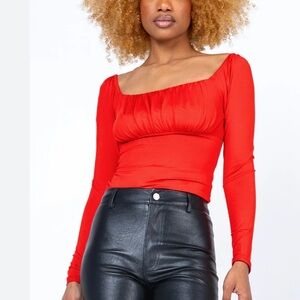 BRICK Red Long Sleeve Rusched Blouse